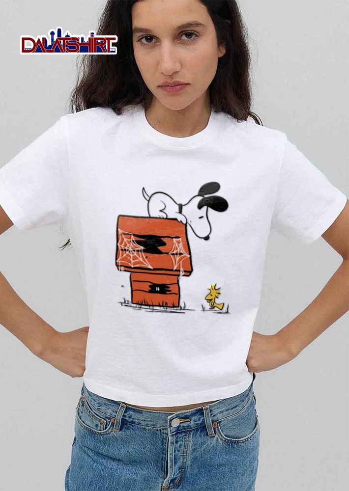 Halloween Peanuts dog on roof spiderwebs bird shirt
