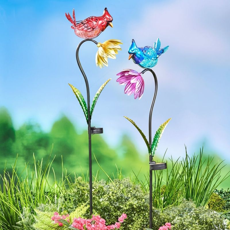 Solar Flower With Perched Bird Garden Stake – Blue or Red