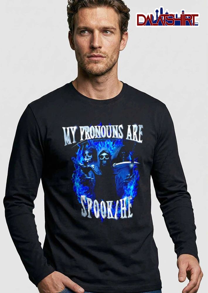 My Pronouns Are Spook He three grim reapers blue flames shirt