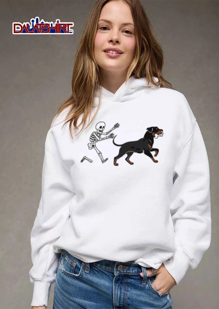 Skeleton chasing rottweiler holding bone shirt
