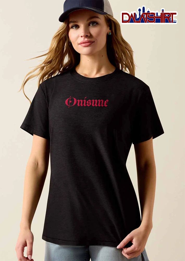 Onisune red gothic lettering black background shirt