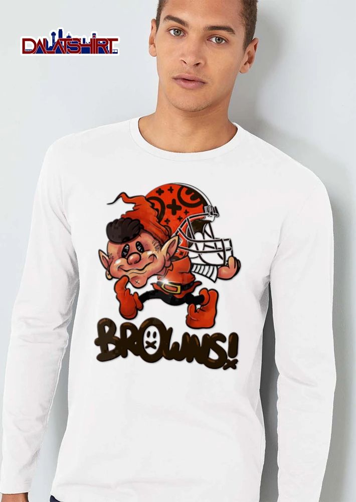 Cleveland Browns elf mascot holding football helmet shirt