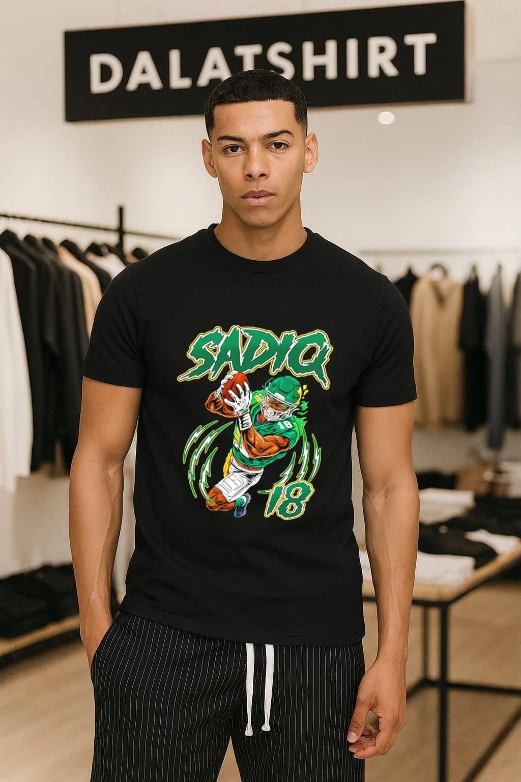 Sadiq 18 American Football Player Catching Ball Neon Green Lightning shirt