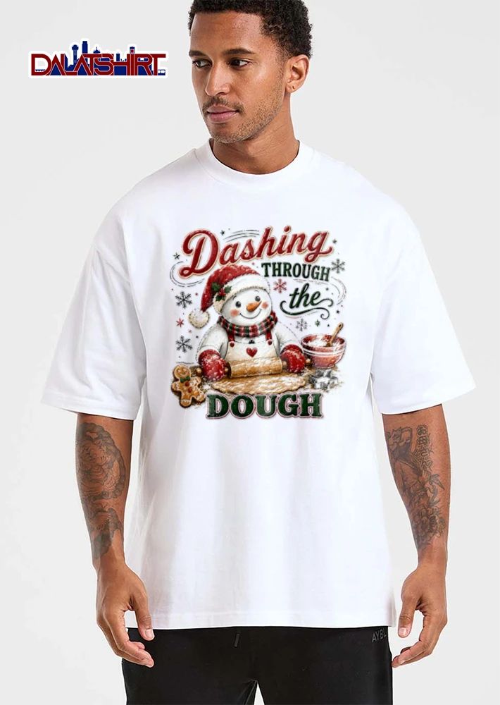 Dashing Through The Dough snowman baking gingerbread cookies cartoon shirt