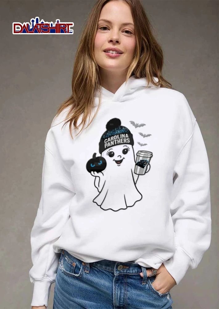 Carolina Panthers ghost wearing beanie holding pumpkin shirt