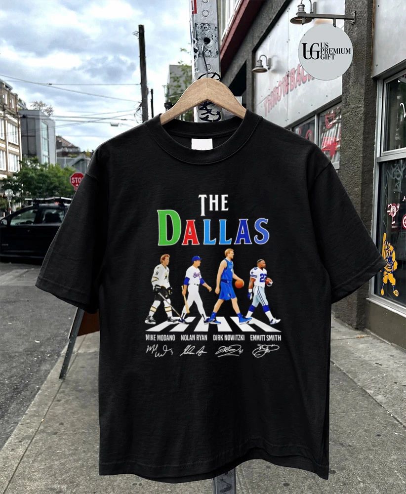 The Dallas Sports Legends Mike Modano Nolan Ryan Dirk Nowitzki Emmitt Smith abbey road signature shirt
