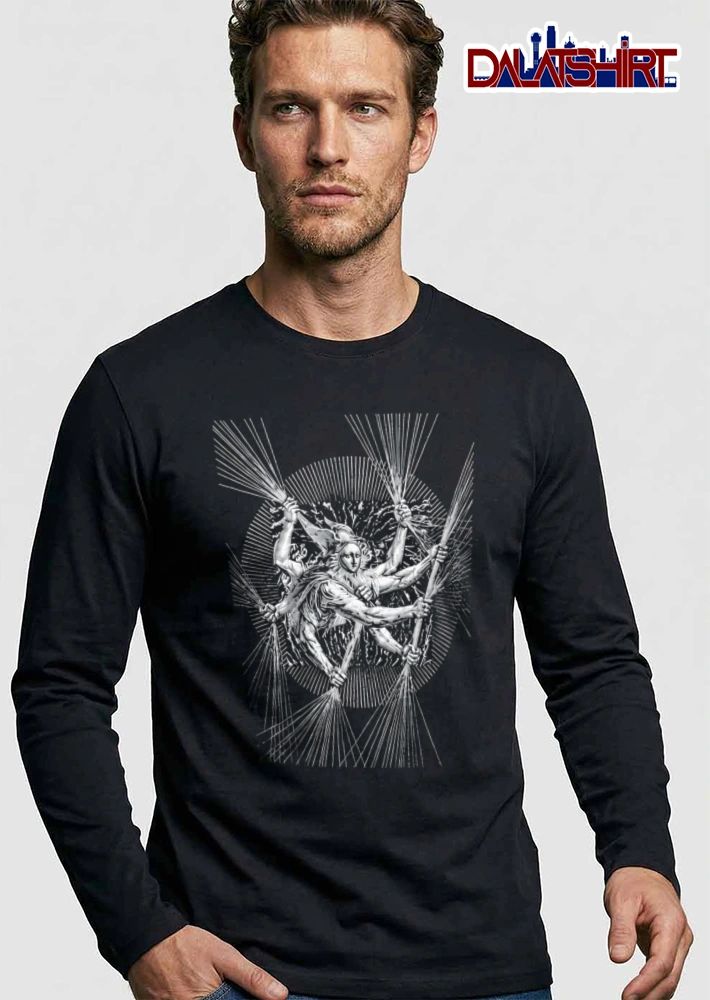 Multi armed figure holding rays shirt