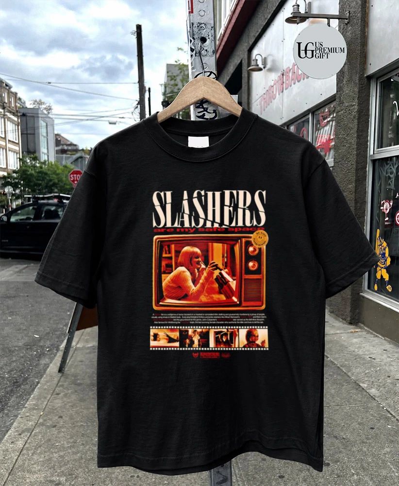 Slashers Are My Safe Space Halftone Horror Movie Collage T-shirt