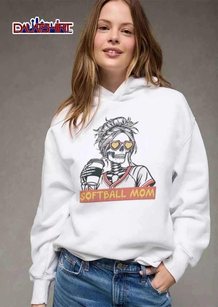 Softball MOM skeleton messy bun heart sunglasses coffee shirt