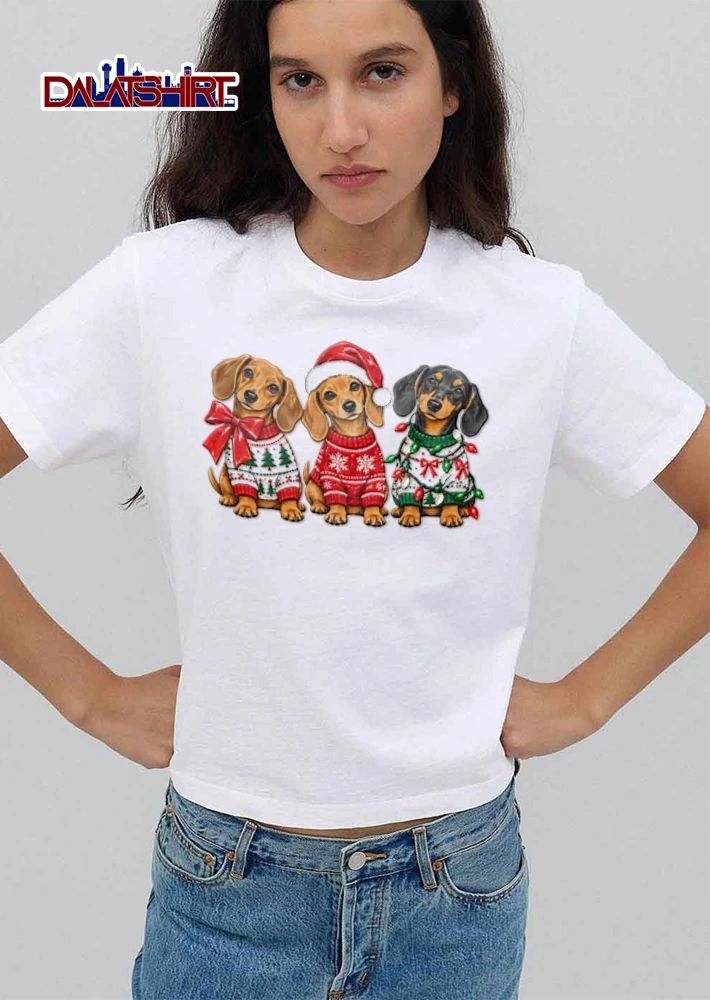 Christmas three dachshunds wearing Christmas sweaters shirt