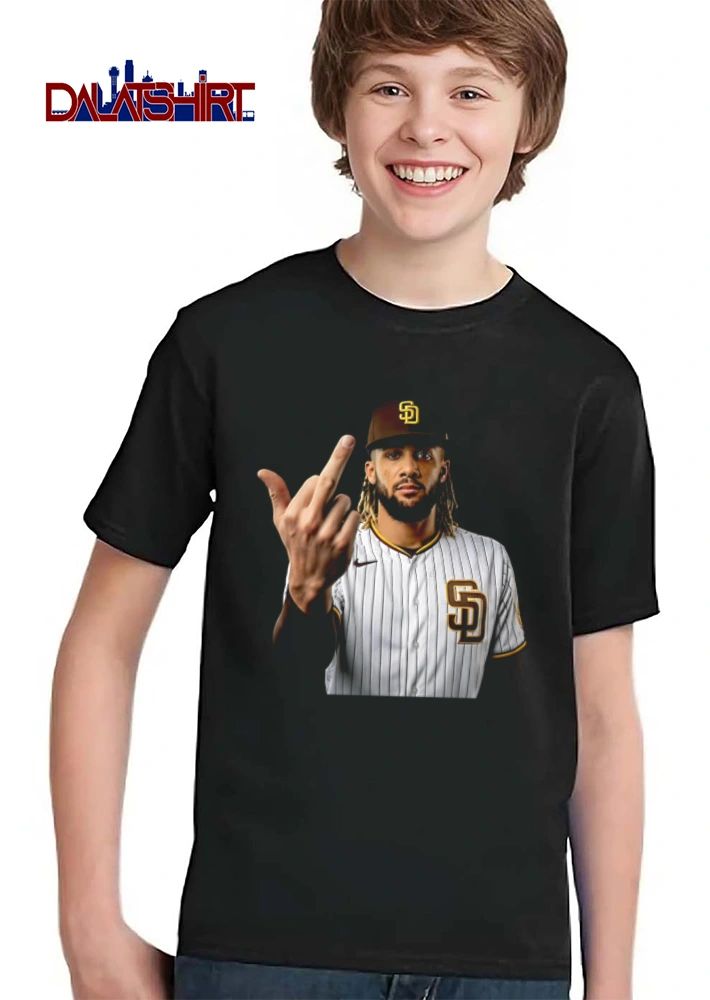 San Diego Padres Fernando Tatis man wearing baseball jersey middle finger shirt