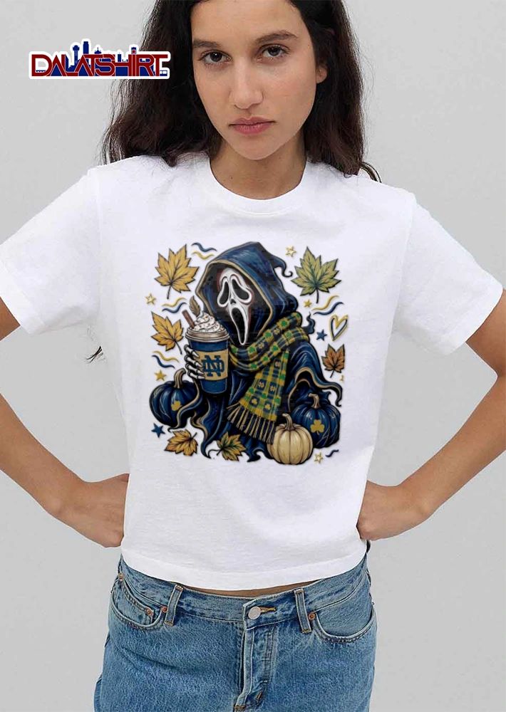 Notre Dame Ghostface holding coffee autumn leaves pumpkins shirt