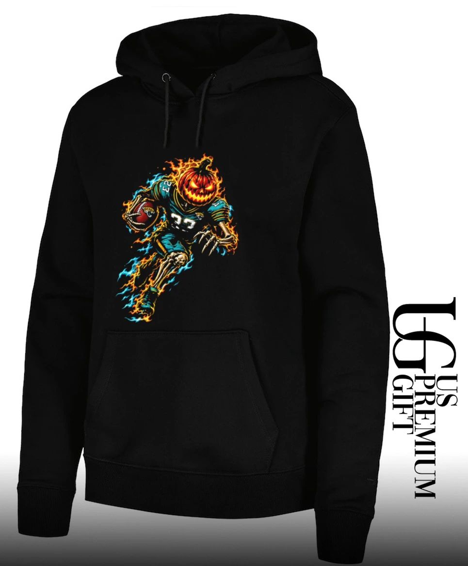 Fiery skeleton pumpkin head running football shirt