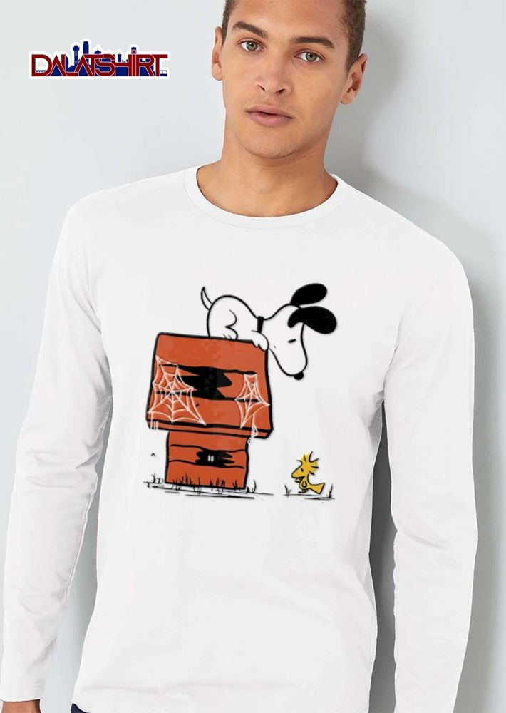 Halloween Peanuts dog on roof spiderwebs bird shirt