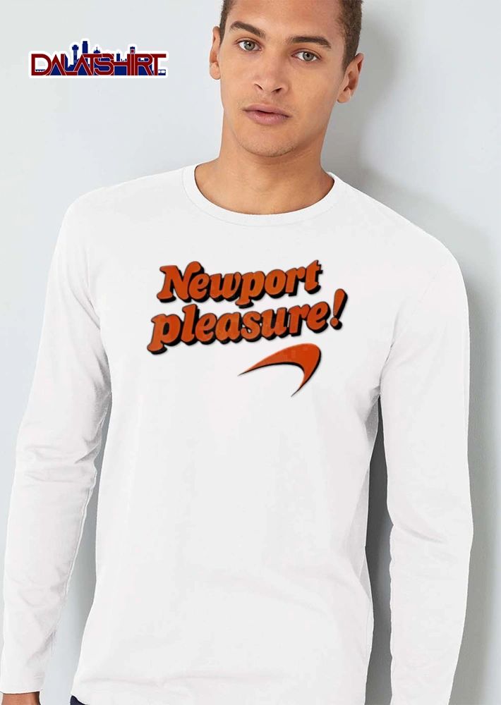Newport Pleasure orange text swoosh logo shirt