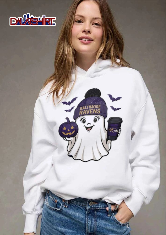 Baltimore Ravens ghost wearing beanie holding pumpkin coffee shirt