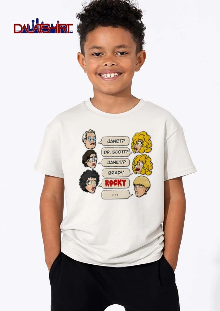 Janet Dr Scott Brad Rocky Horror Picture Show cartoon heads speech bubbles dialogue shirt