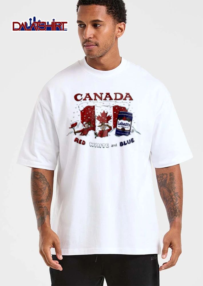 Labatts Call For Blue RED White And two mounties shoveling snow canada flag shirt
