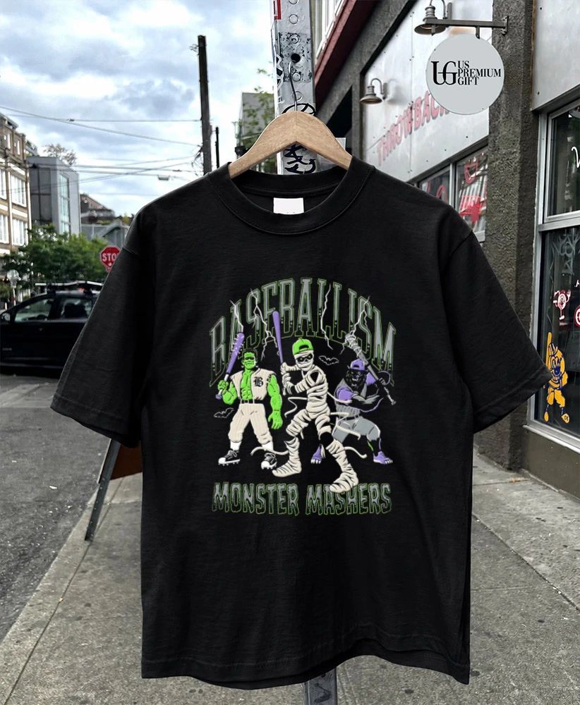 Monster Mashers frankenstein mummy werewolf holding bats shirt