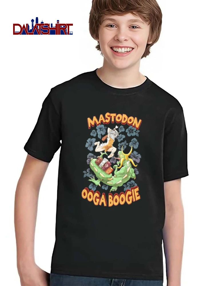 Mastodon Ooga Boogie caveman fighting green monster hibiscus shirt