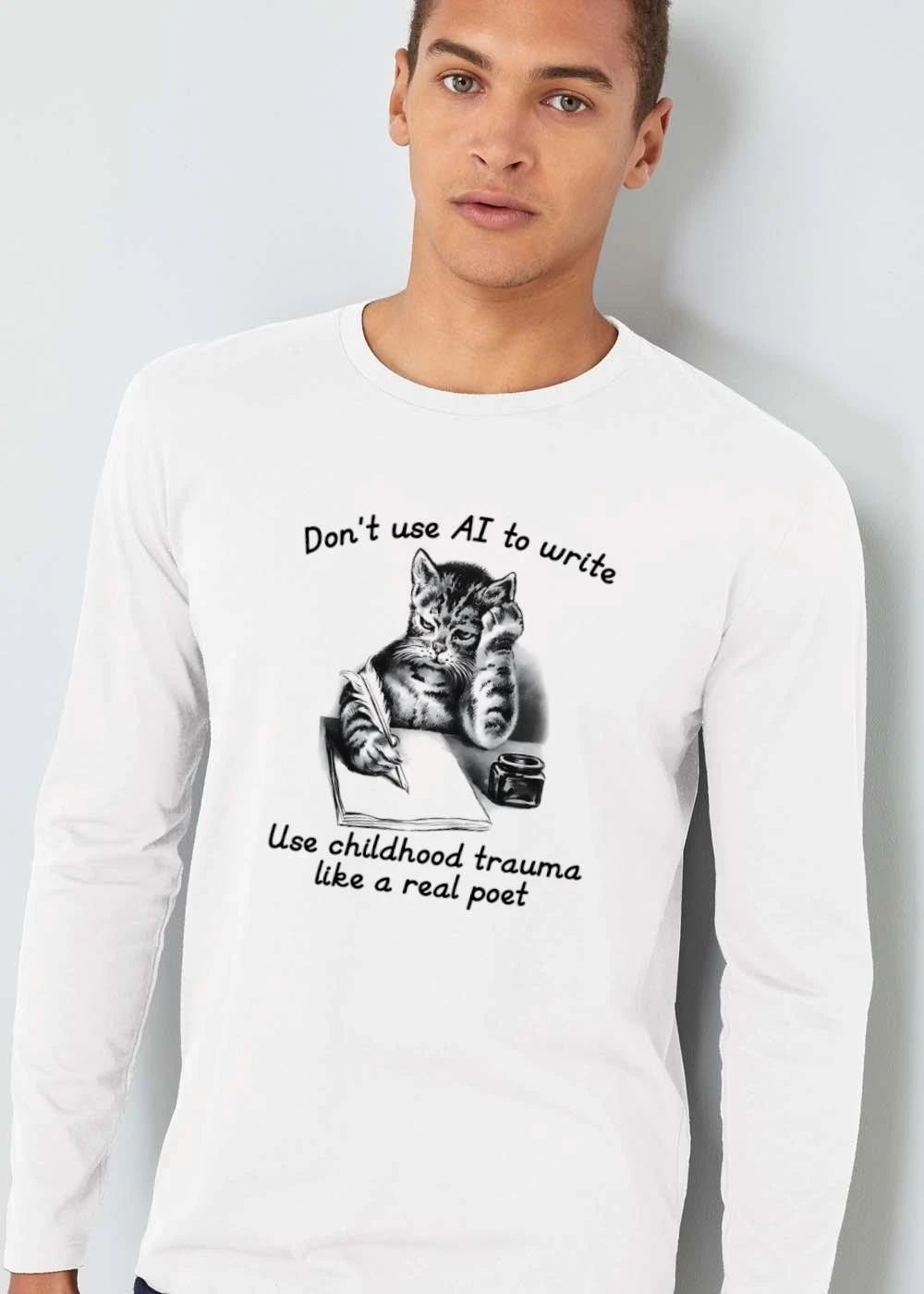 Dont Use Ai To Write Childhood Trauma Like A Real Poet Cat Writing Quill Inkwell Sketch shirt