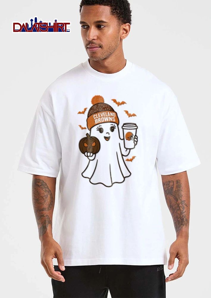 Cleveland Browns ghost wearing beanie holding pumpkin shirt