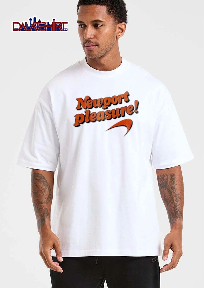 Newport Pleasure orange text swoosh logo shirt