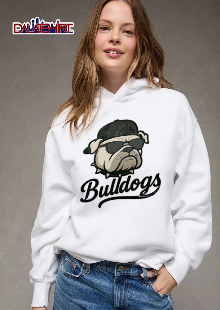 Bulldog wearing sunglasses cap spiked collar shirt