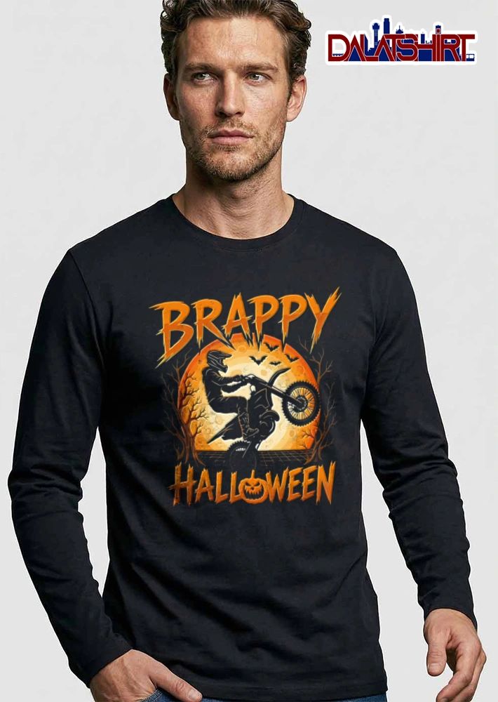 Brappy Halloween motocross rider doing wheelie moon bats shirt