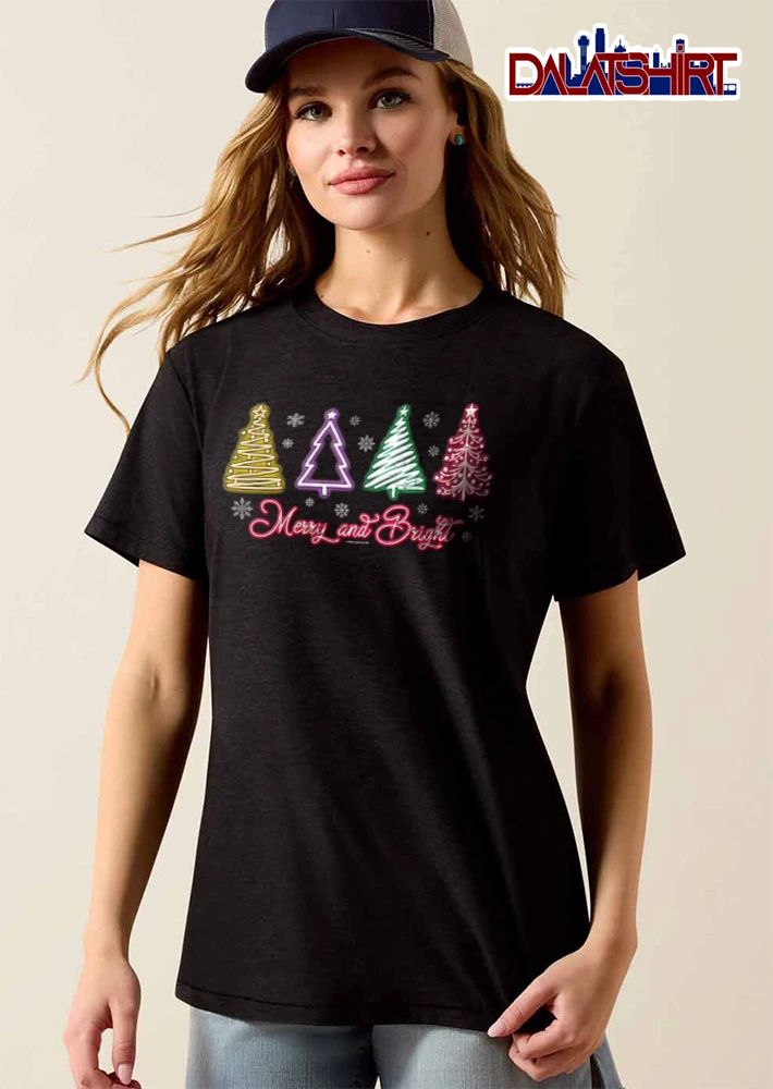 Merry And Bright four neon Christmas trees snowflakes shirt