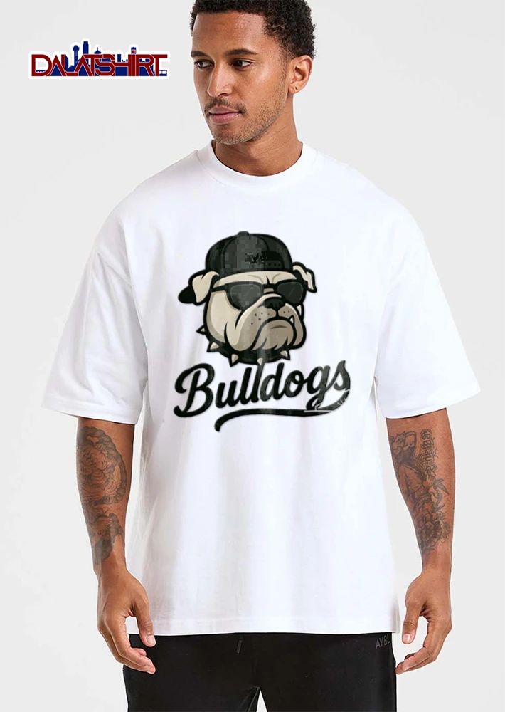 Bulldog wearing sunglasses cap spiked collar shirt