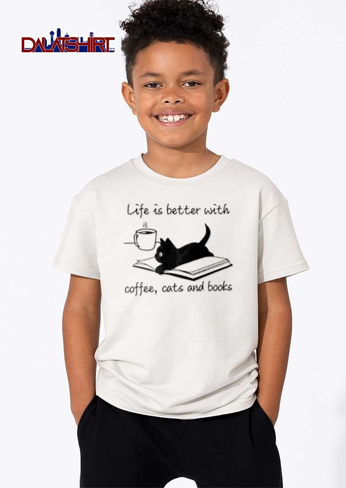 Life is better with coffee cats and books Washed T-Shirt