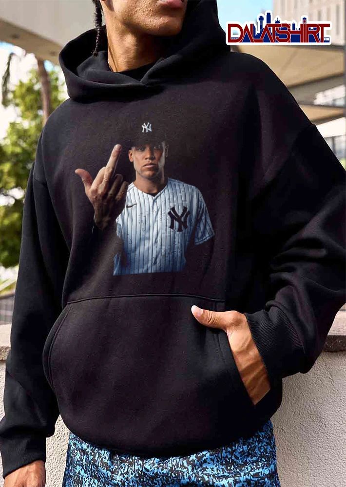 New York Yankees Aaron Judge man wearing pinstripe jersey middle finger shirt