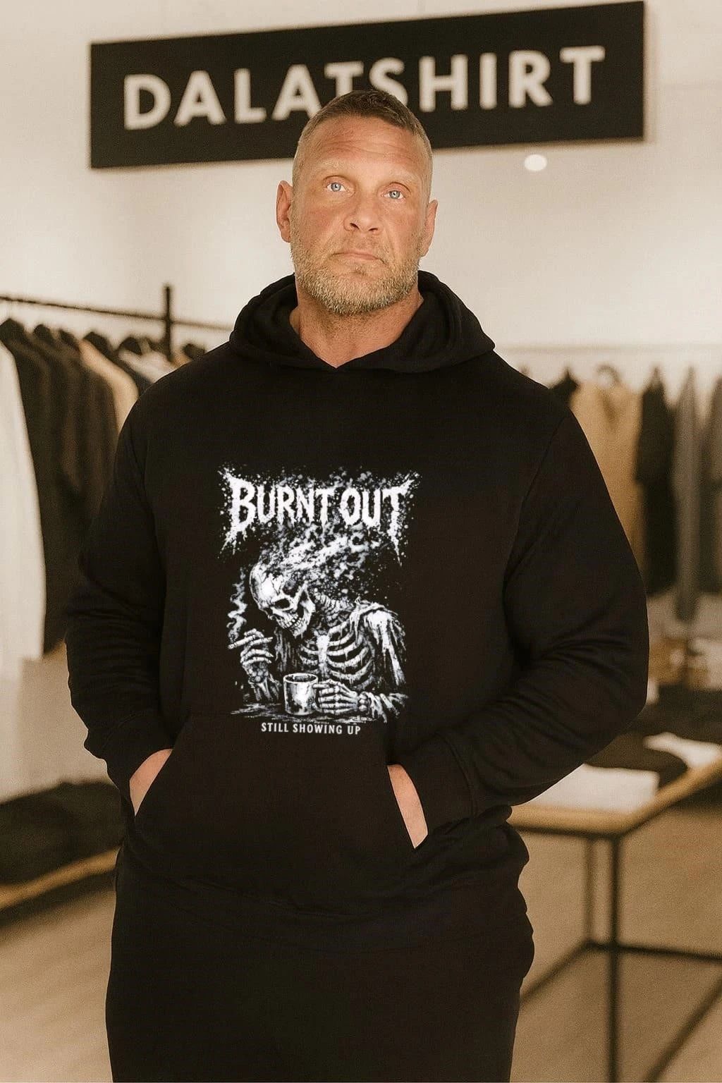 Burnt Out Still Showing Up Skeleton Smoking Coffee Heavy Metal shirt