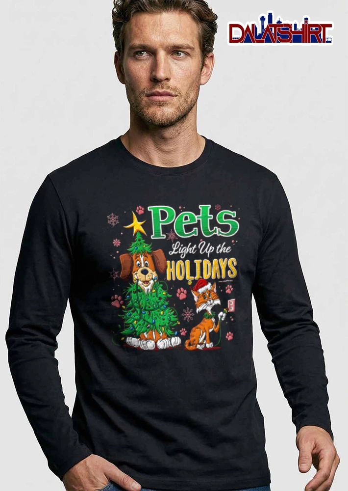 Pets Light Up The Holidays dog wrapped in lights cat plugging in shirt