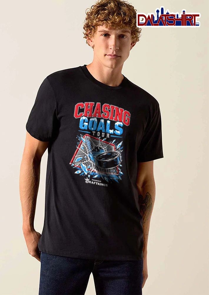 Draftkings Chasing Goals Tour hockey puck crashing into net shirt