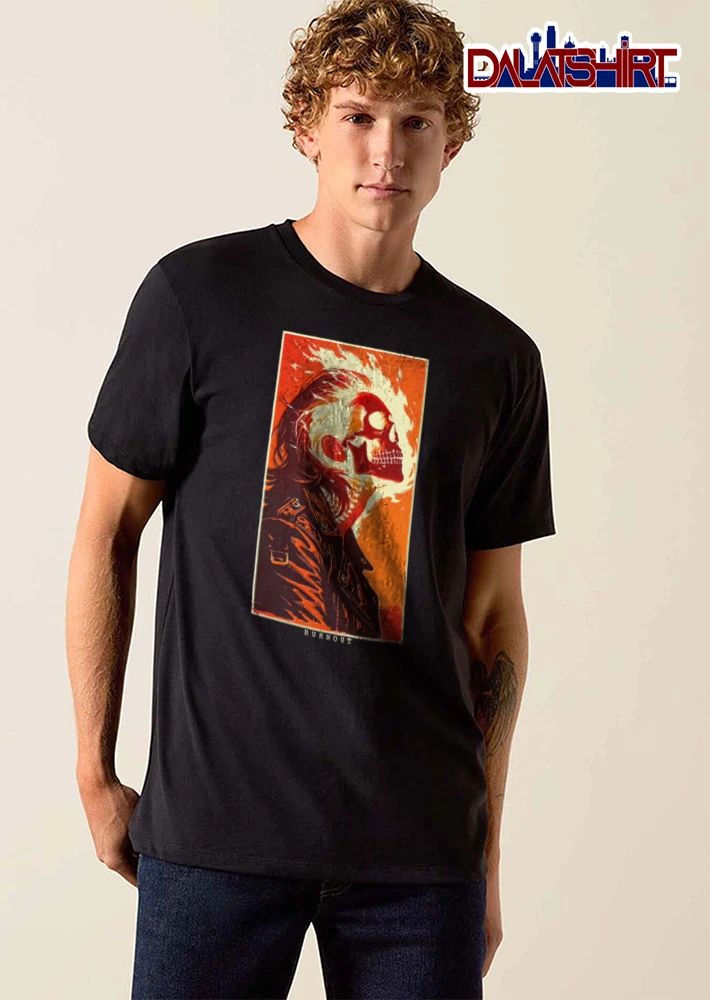 Burnout flaming skull man leather jacket shirt