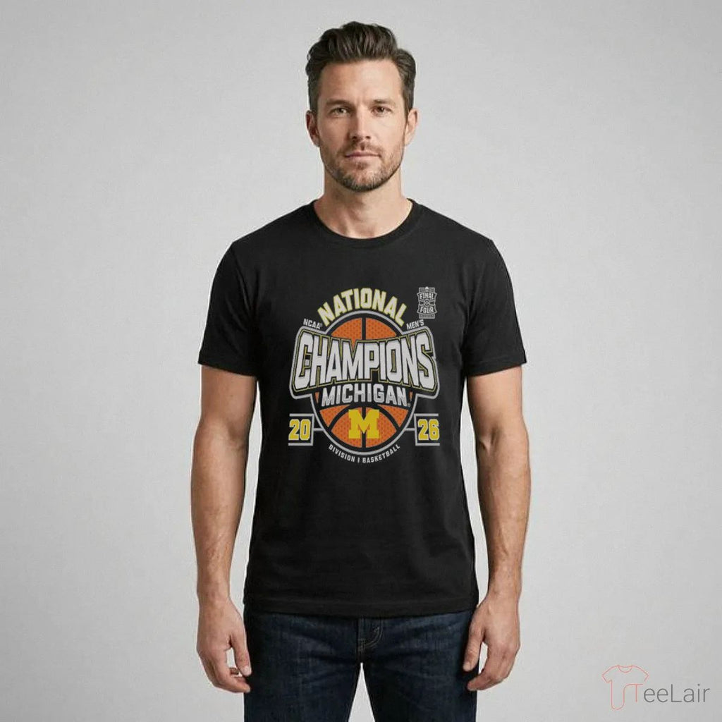 Michigan Wolverines Men’S Basketball National Champions Big Text W Ball T-Shirt