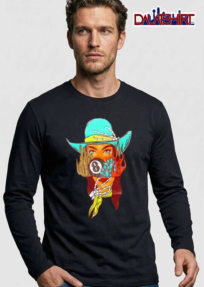 Woman cowboy hat skeleton hands cactus turquoise flames shirt