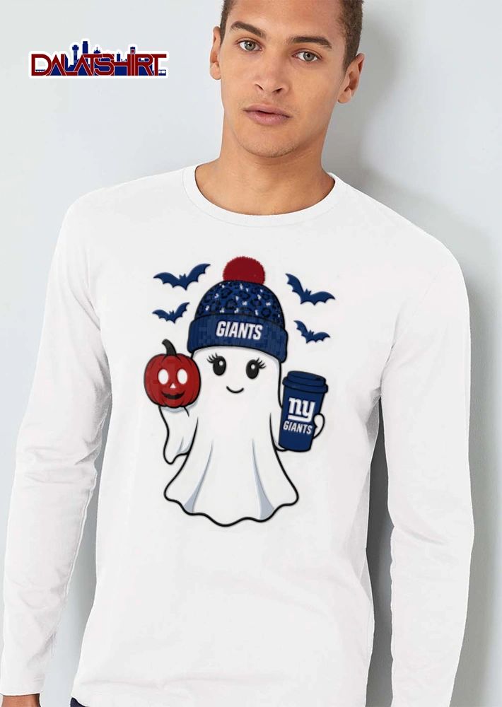 New York Giants ghost wearing beanie holding pumpkin coffee shirt