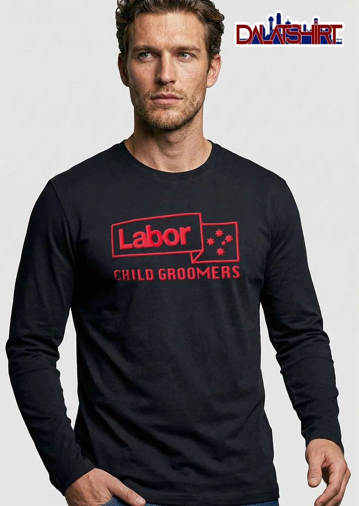 Labor Child Groomers red text speech bubble stars shirt