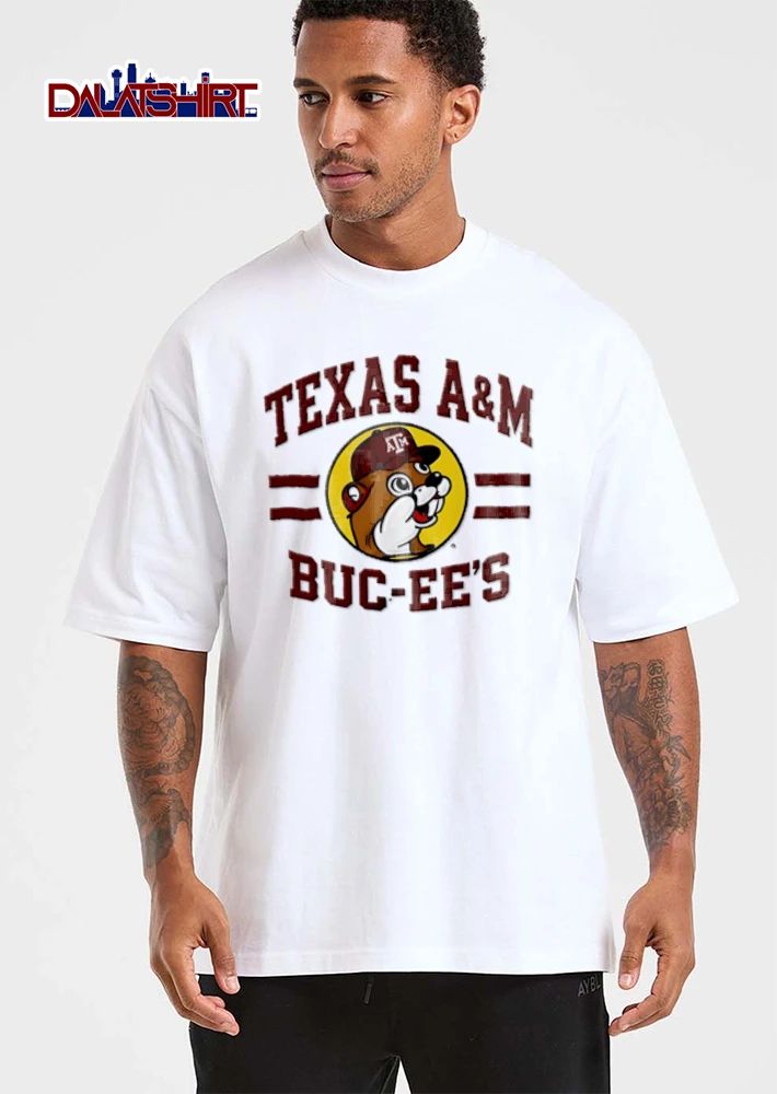 Texas AM University Buc Ees beaver mascot wearing baseball cap shirt