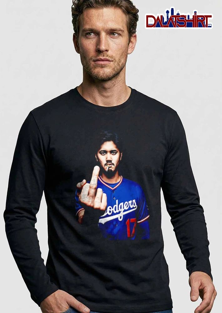 Los Angeles Dodgers Shohei Ohtani 17 man smoking cigarette middle finger shirt