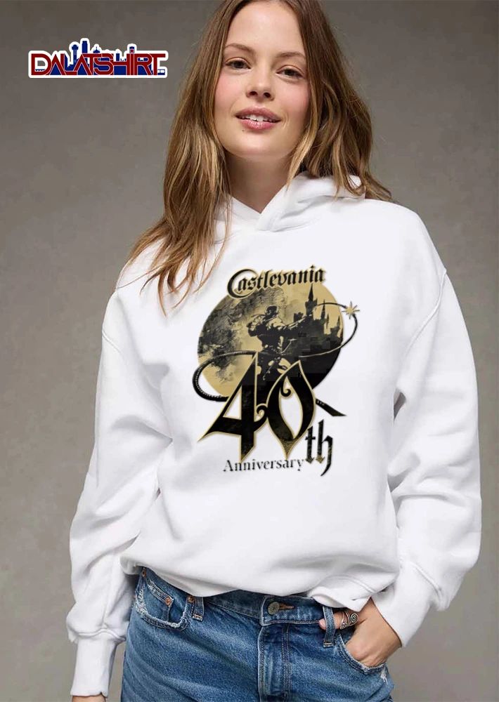 40th Castlevania warrior holding whip before castle shirt