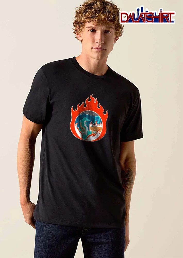Dolphin sitting at table fire shirt