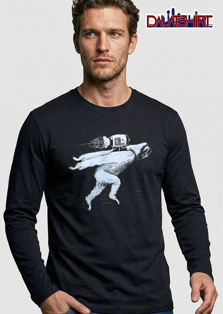 Sloth wearing rocket jetpack flying shirt