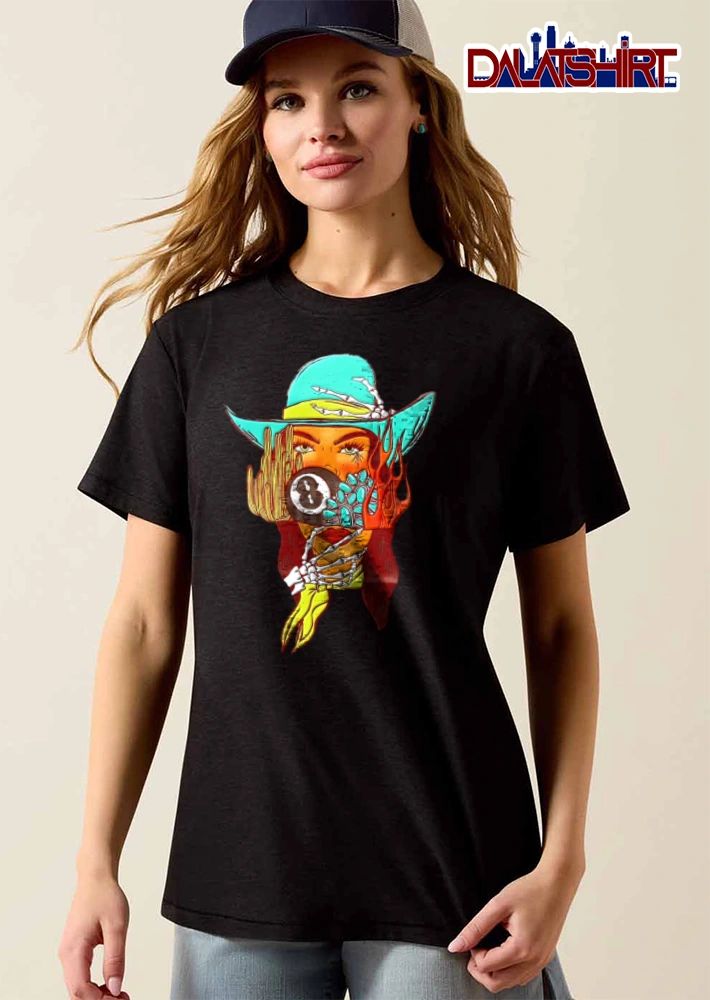 Woman cowboy hat skeleton hands cactus turquoise flames shirt