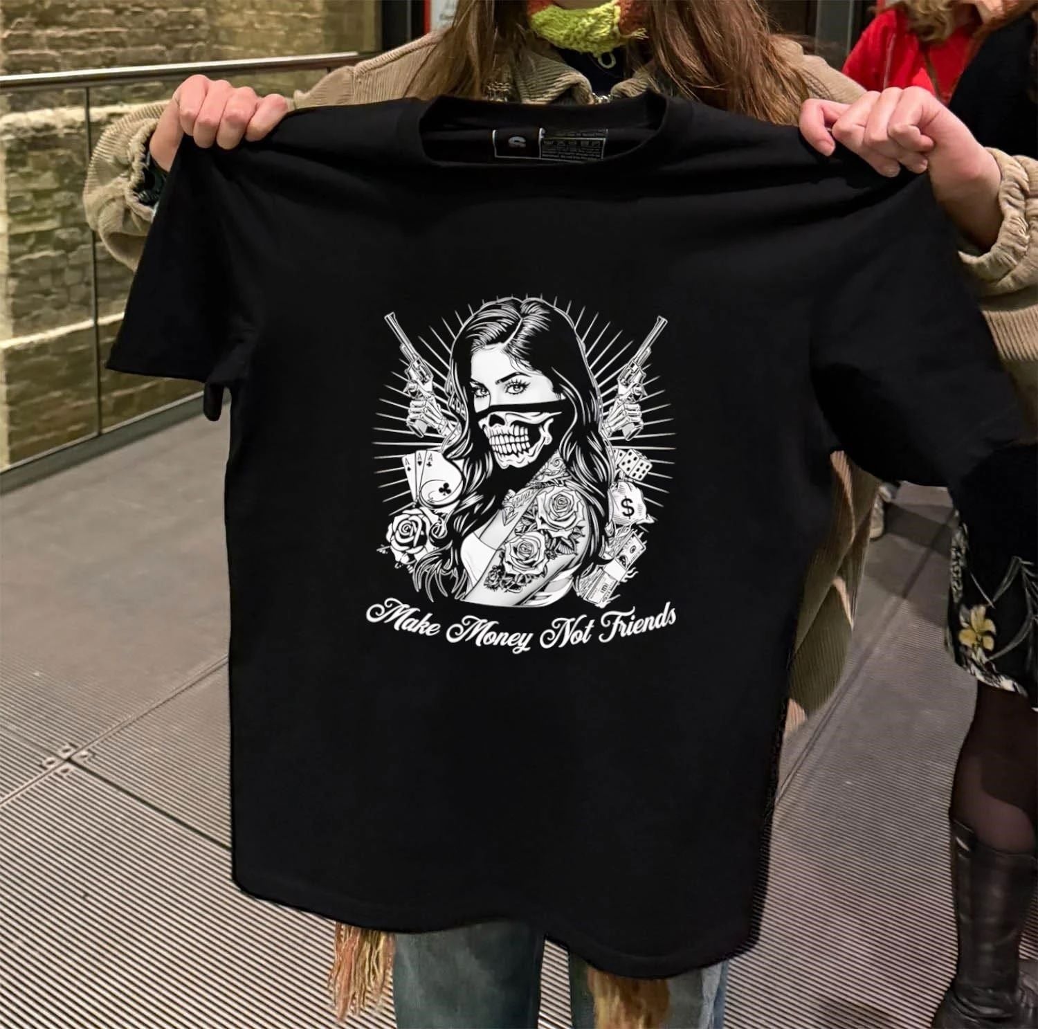 Girl Skull Mask Holding Guns Make Money Not Friends shirt