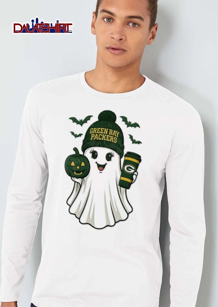 Green Bay Packers ghost wearing beanie holding pumpkin shirt