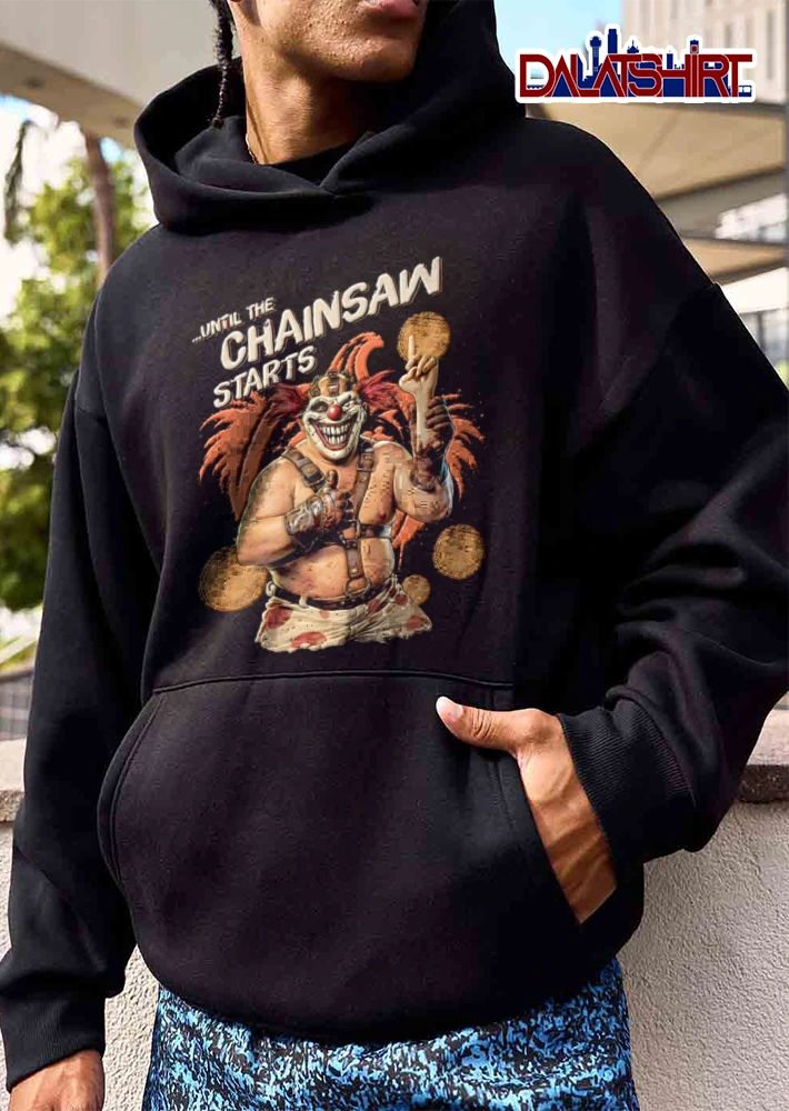 Until The Chainsaw Starts evil clown holding severed hand shirt